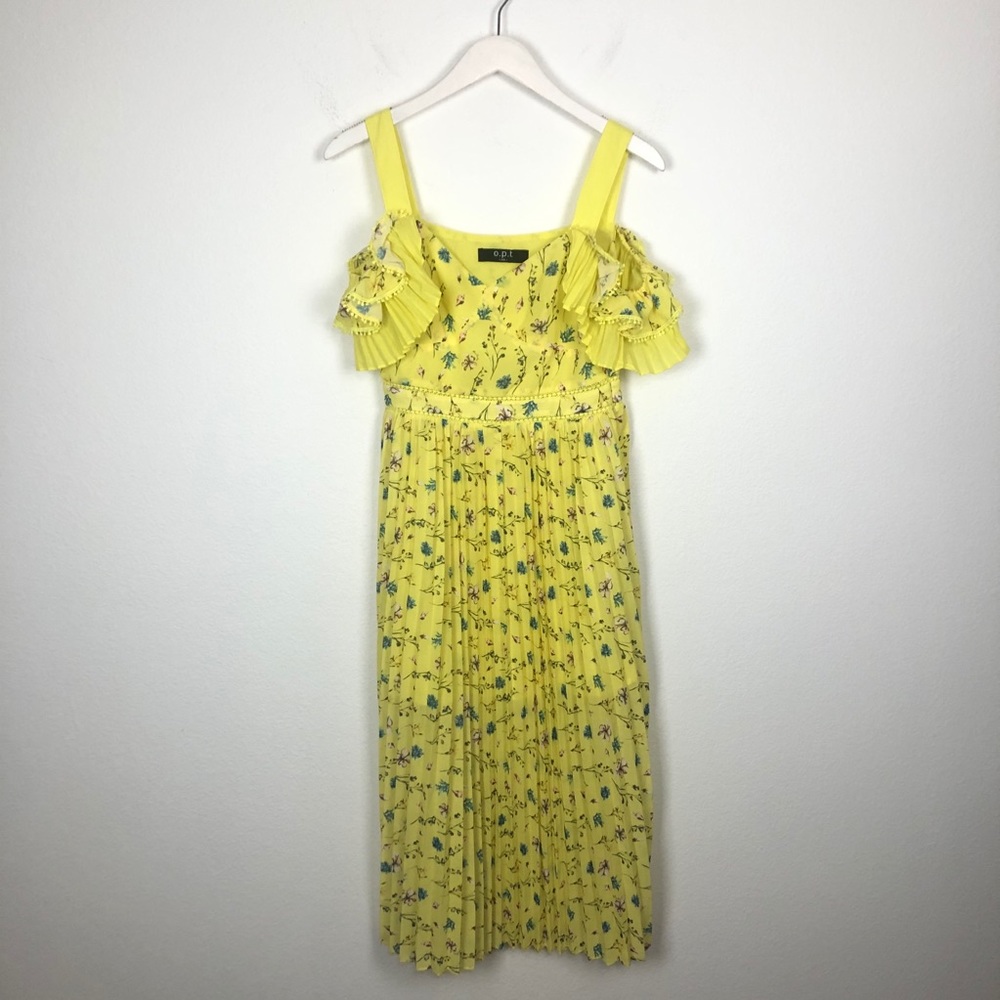 OPT Retsina Floral Print Pleated A-Line Midi Dress Size XS Yellow Cold Shoulder - Picture 4 of 13